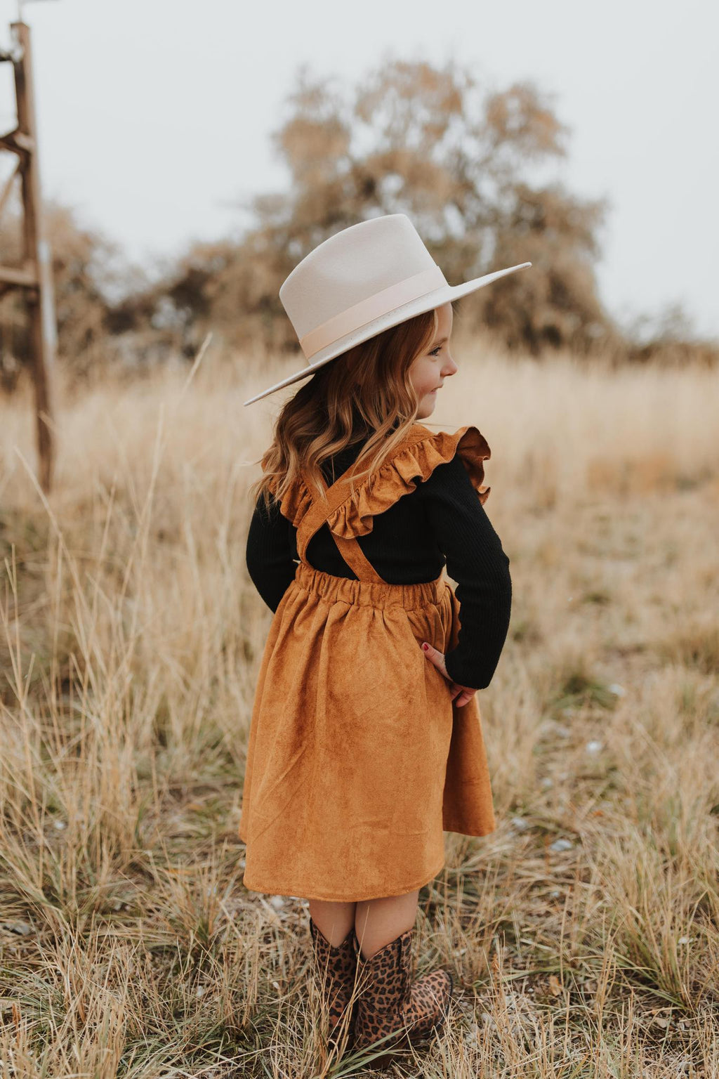 GIRLS KHAKI RUFFLE SUSPENDER DRESS