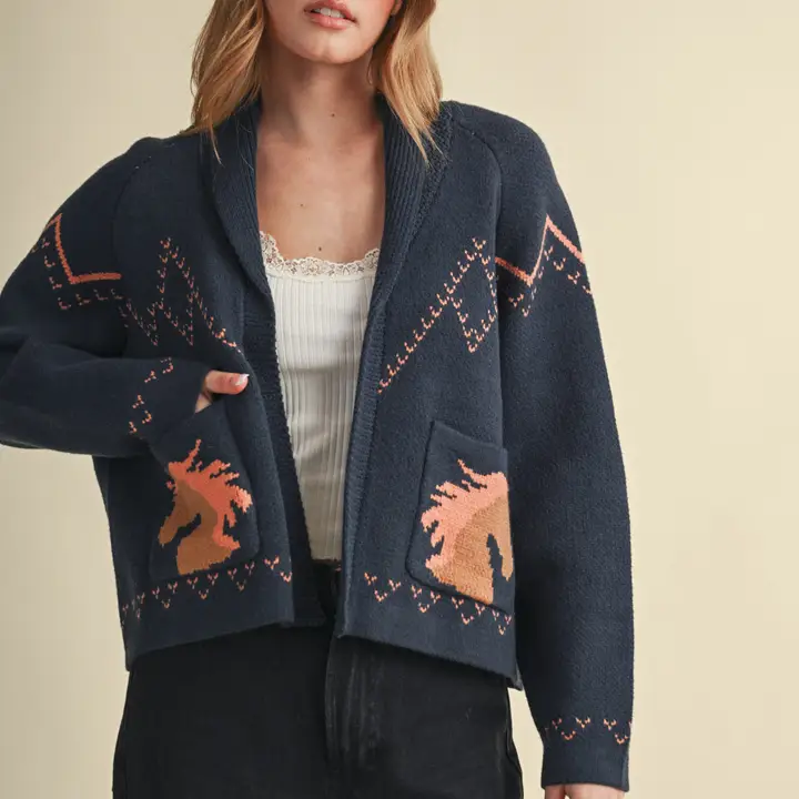 Horse Knit Sweater Cardigan - STORM BLUE