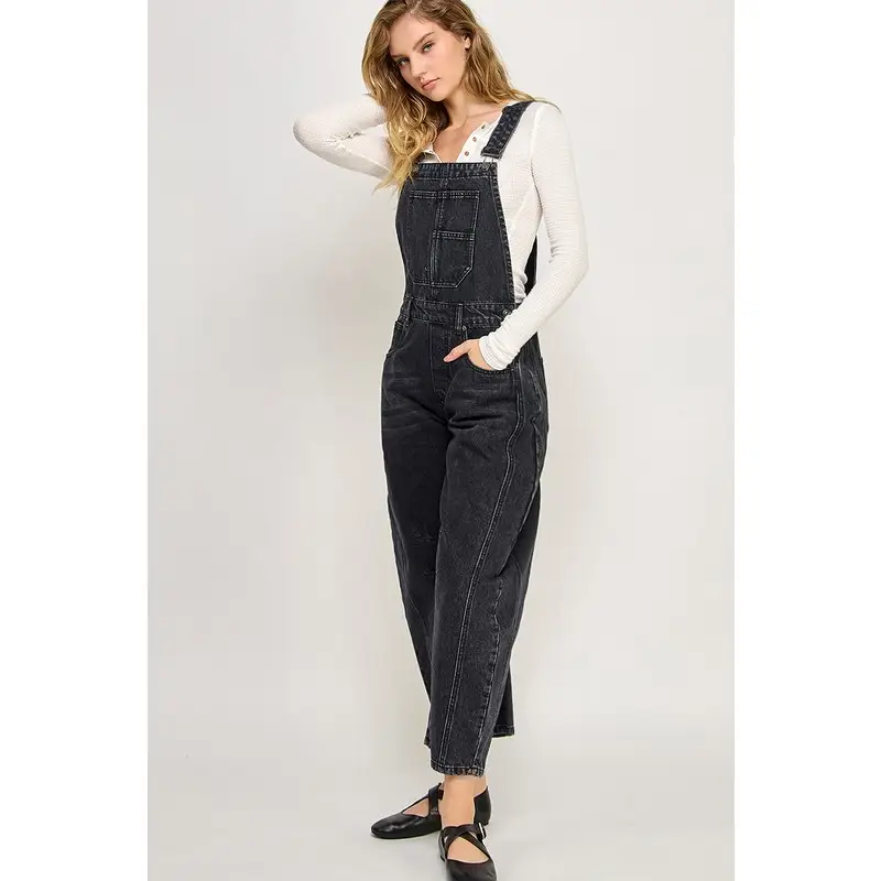Black Denim Barrel Overall Jumpsuits
