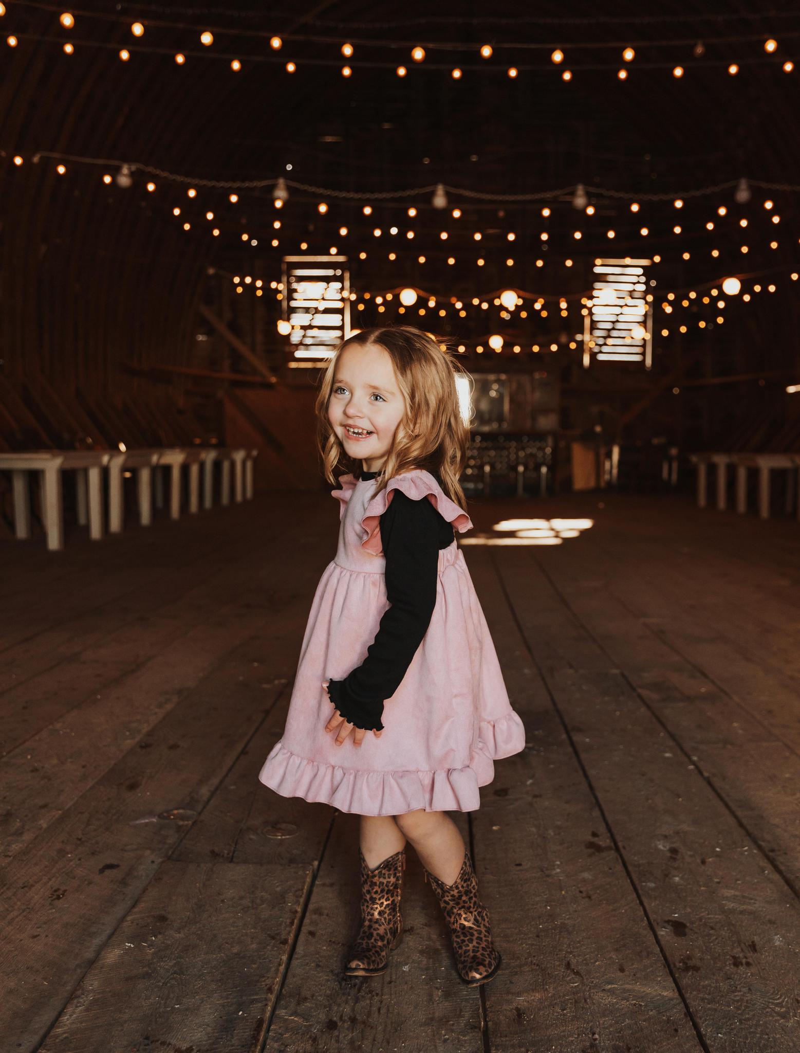 GIRLS PINK SUEDE RUFFLE GIRLS DRESS