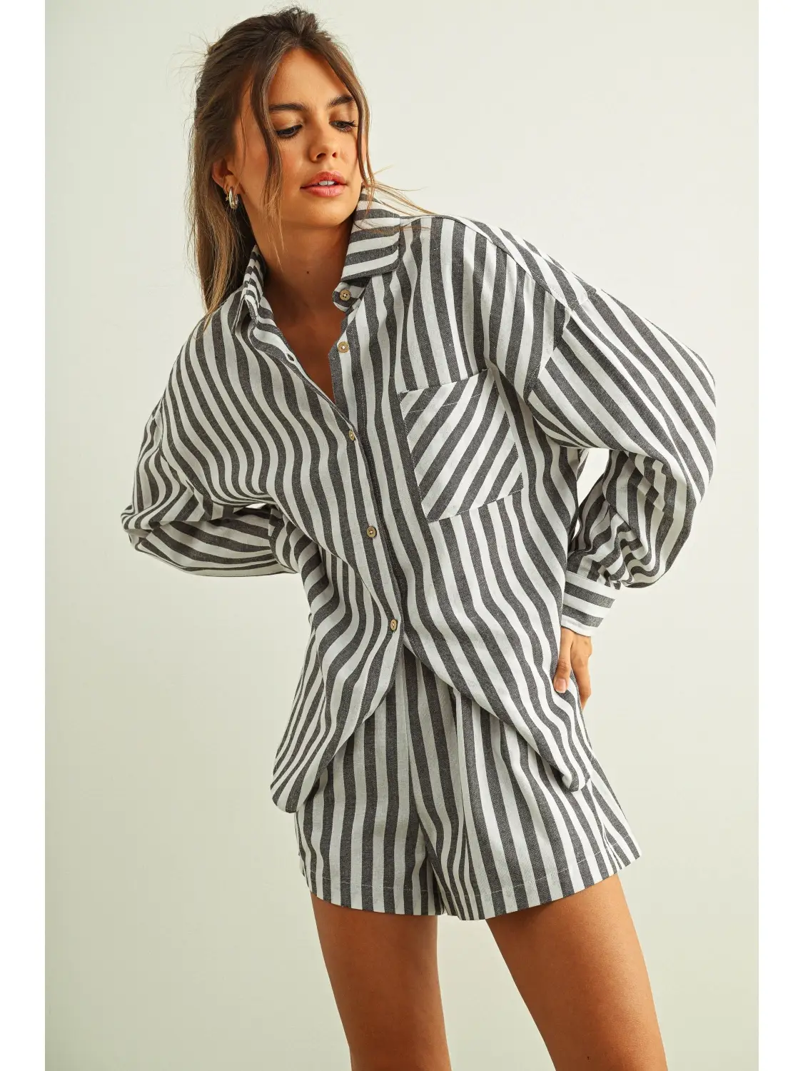 Striped Button Down Linen Shirts - BLACK