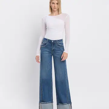 High Rise Cuffed Panel Baggy Wide Jeans - SHINE