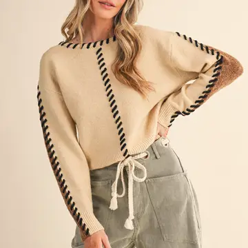 Whip Stitch Two-Tone Sweater - TAUPE BROWN