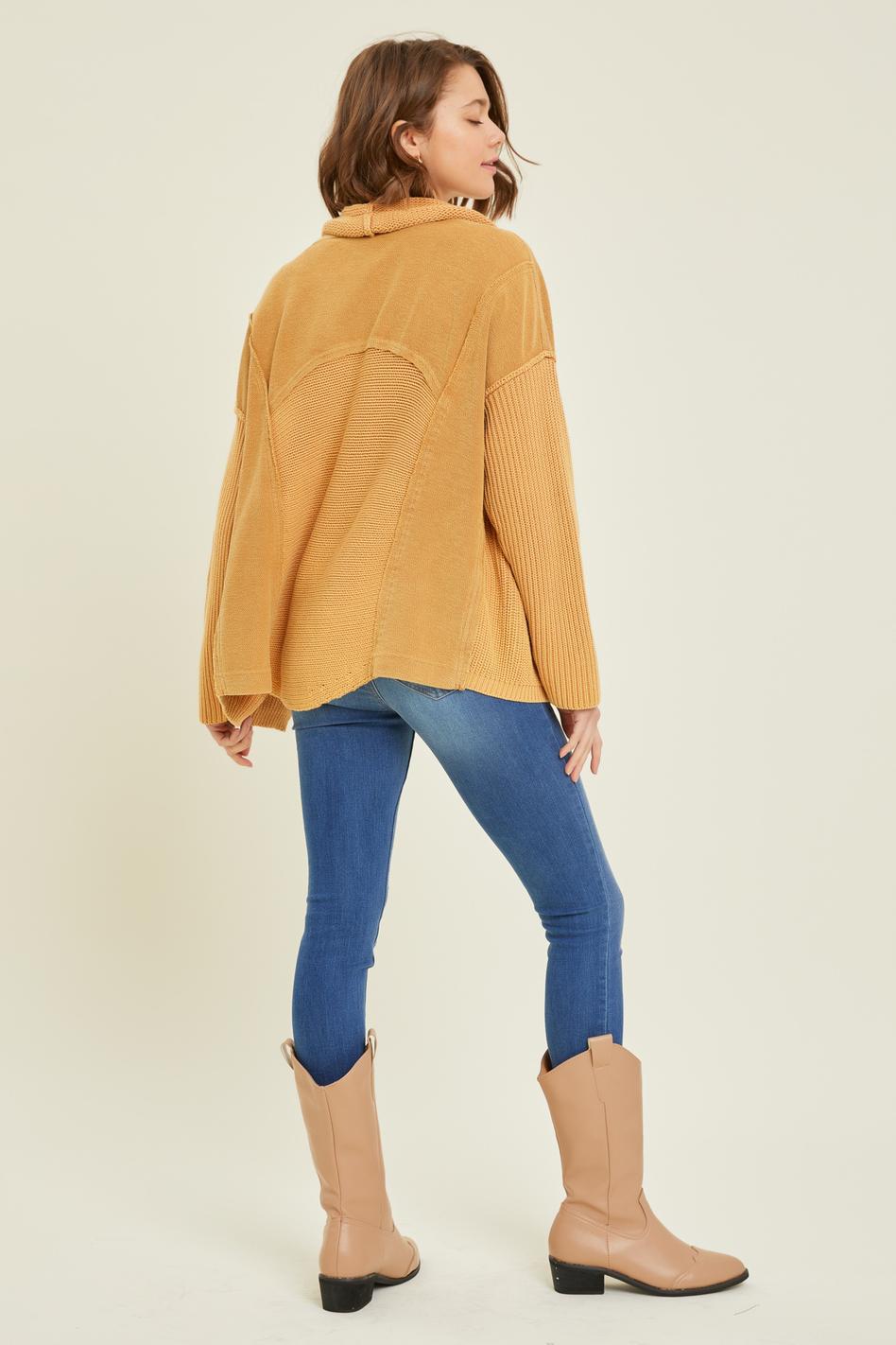 WESTERN WASHED TERRY CARDIGAN WITH CABLE KNIT SWEATER WASHED RUST - CAMEL