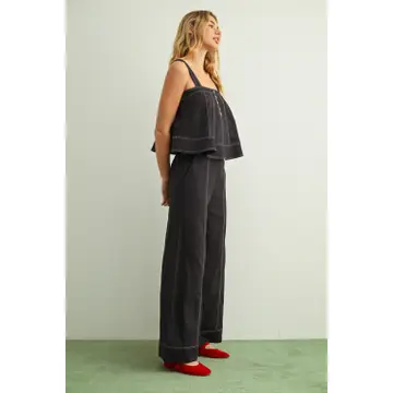 Stitch Detailed Wide Leg Linen Pants - Navy