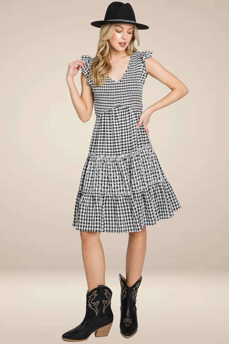GINGHAM SMOCK DRESS EMBROIDERY - BLACK/WHITE
