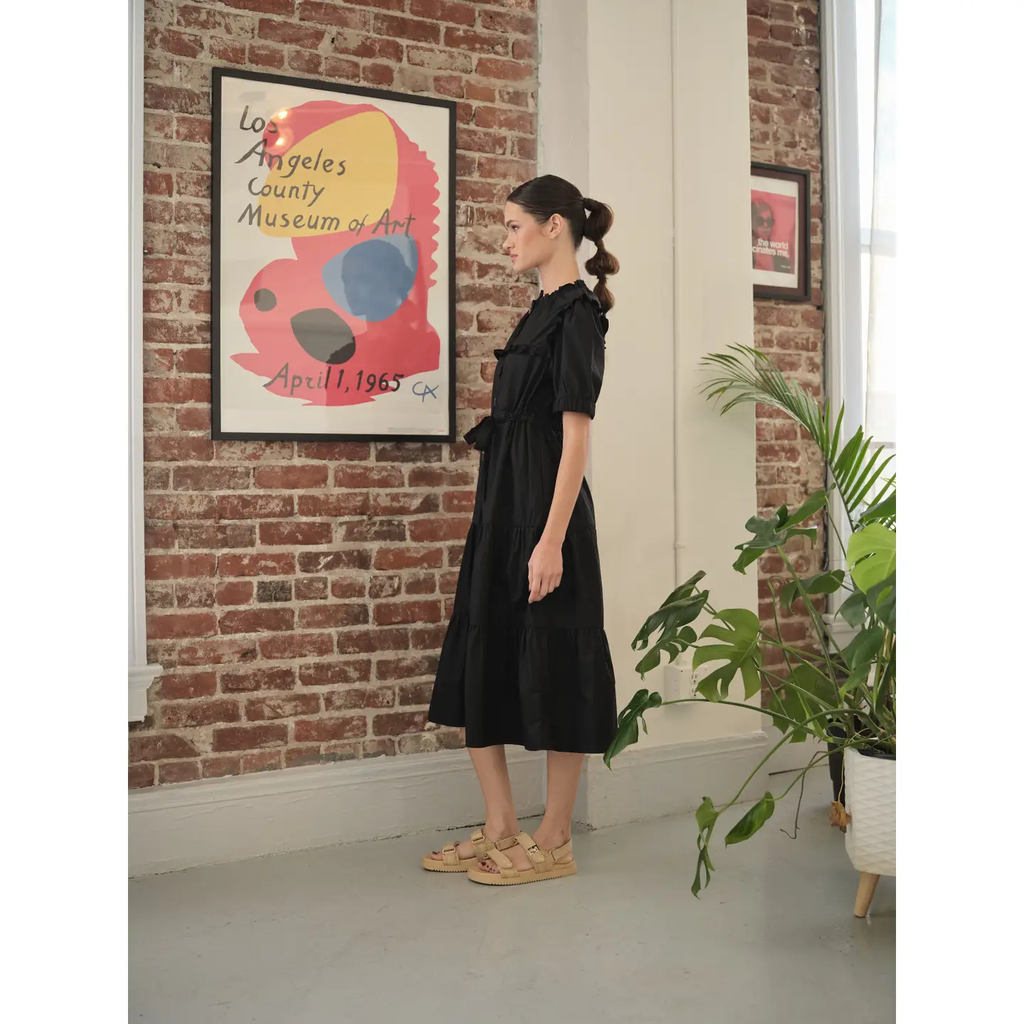 Poplin Ruffle Button Down Dress - Black