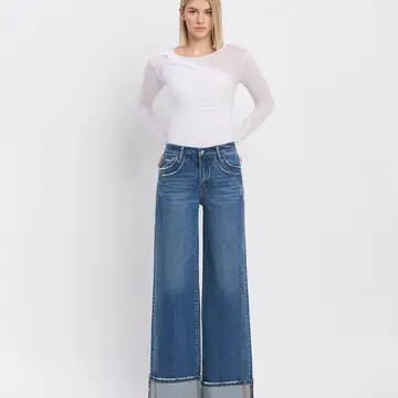 High Rise Cuffed Panel Baggy Wide Jeans - SHINE