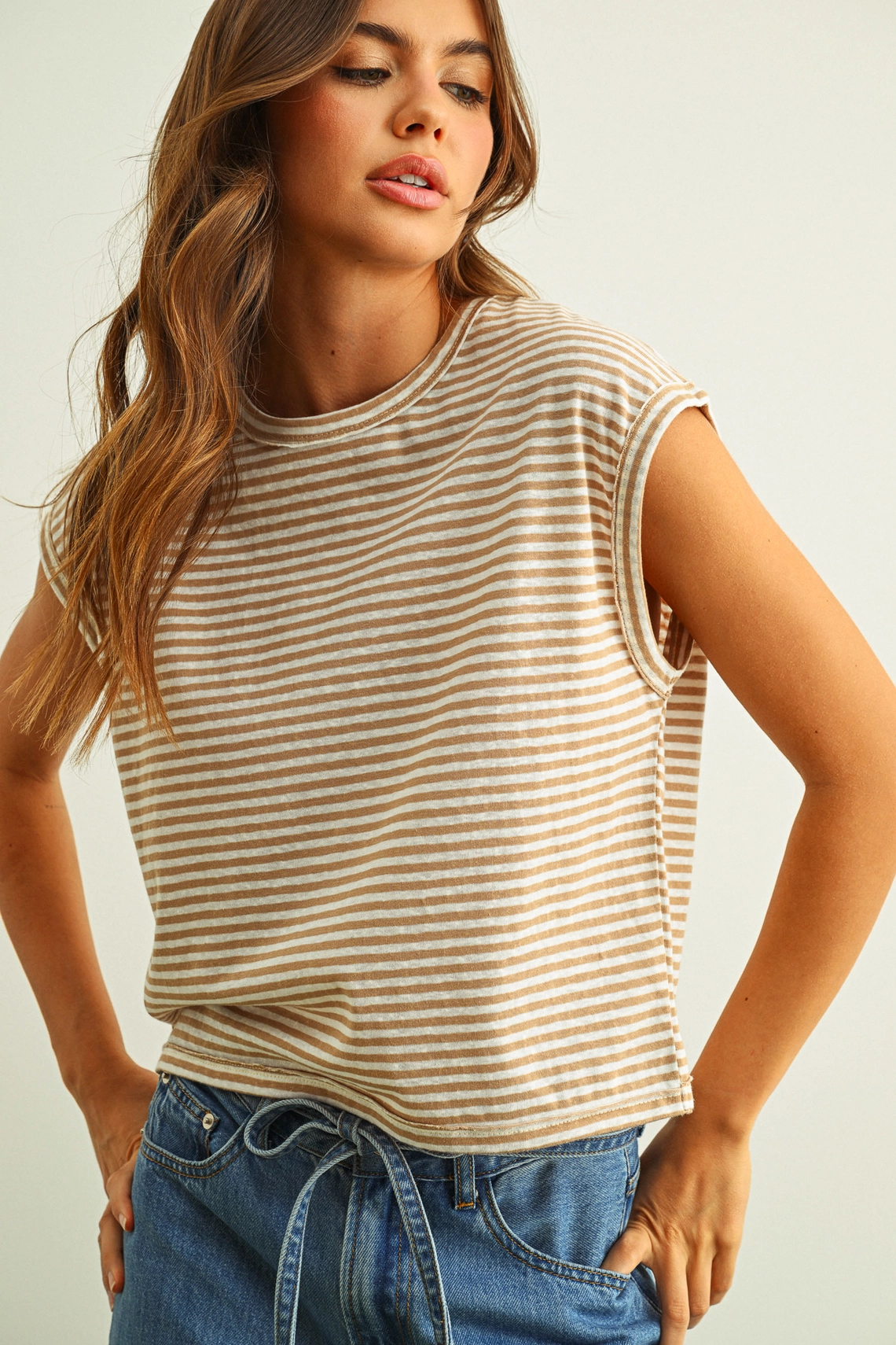 Stripe Pattern Slub Top - White Tan