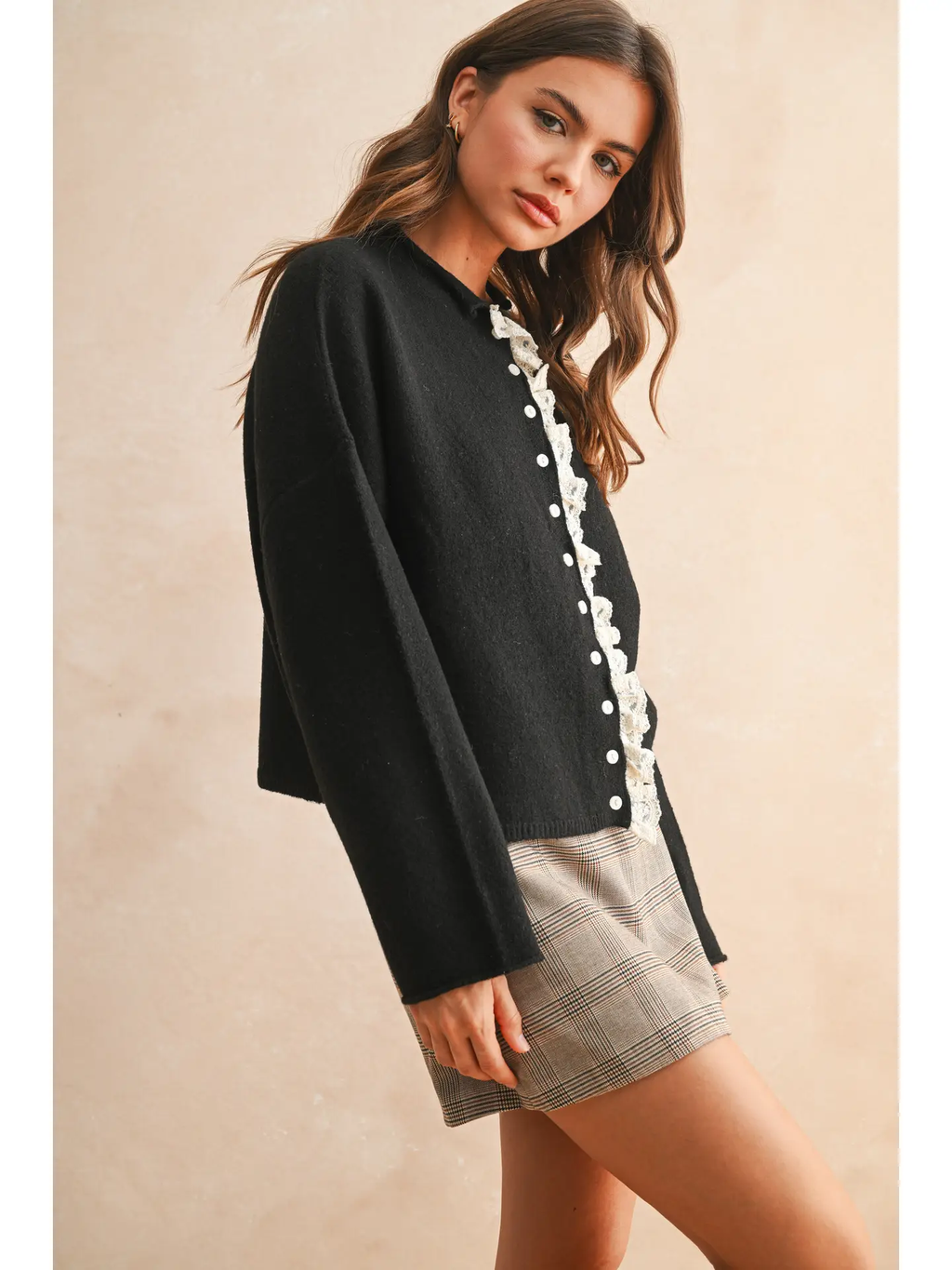 Button Front Lace Trim Knitted Cardigan - Black