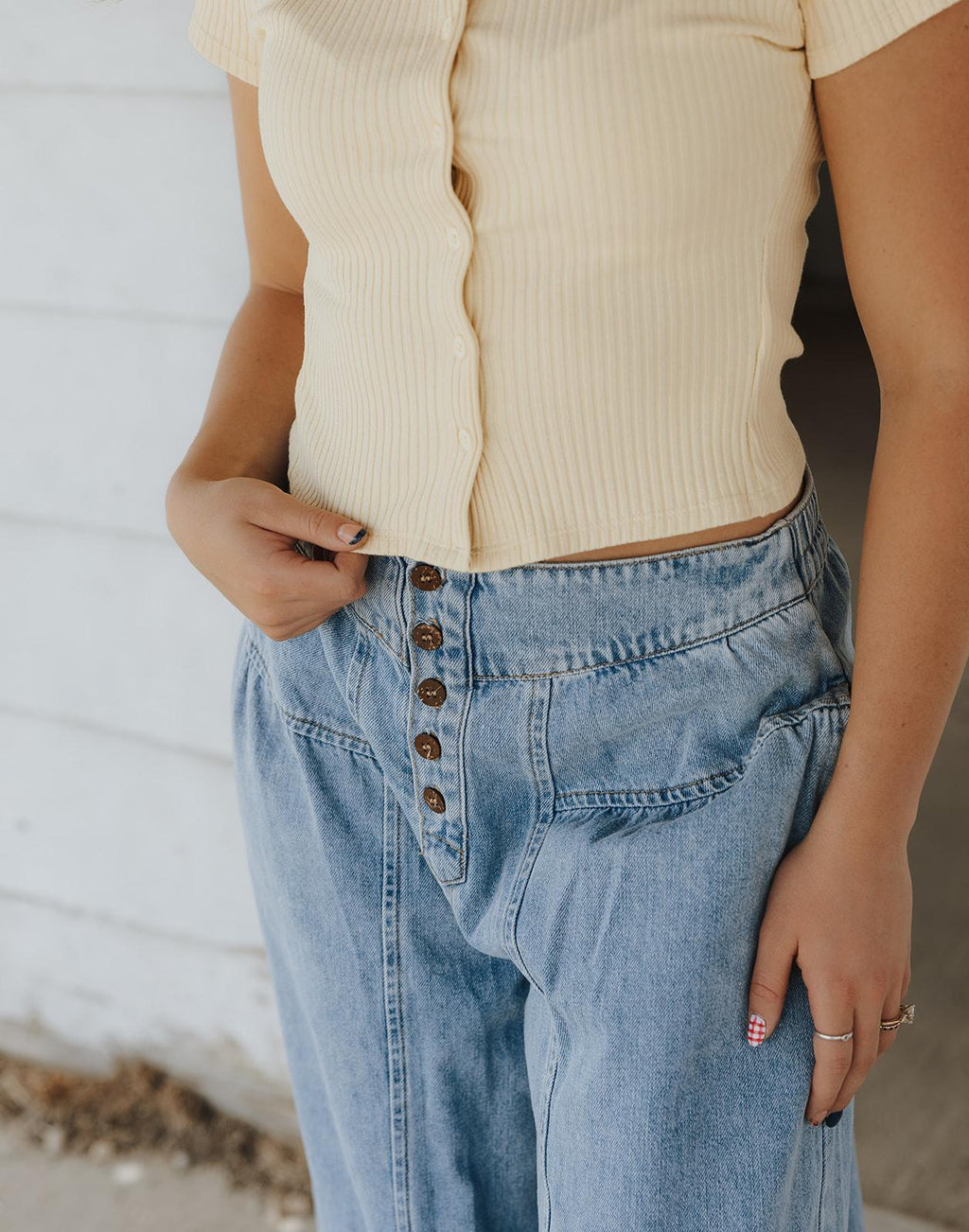 Button Front Shirring Detailed Wide Leg Pants