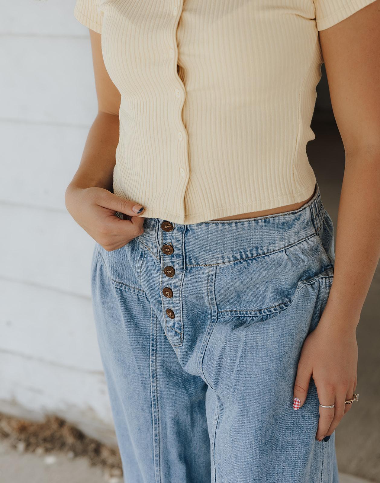 Button Front Shirring Detailed Wide Leg Pants