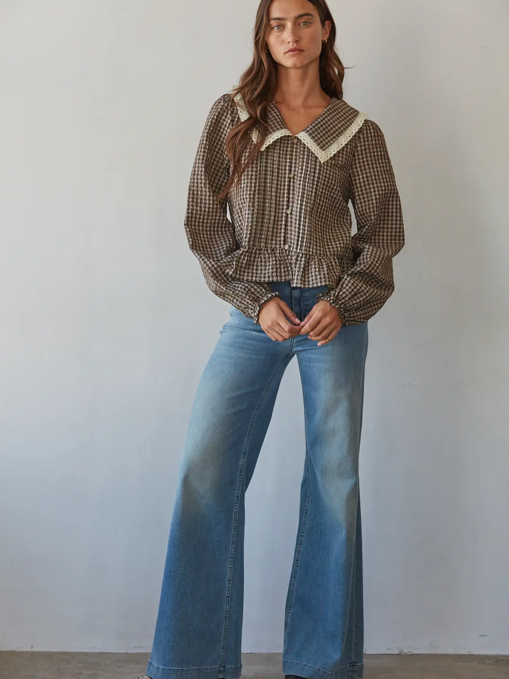 Woven Polyester Cotton Gingham Print Peplum Top