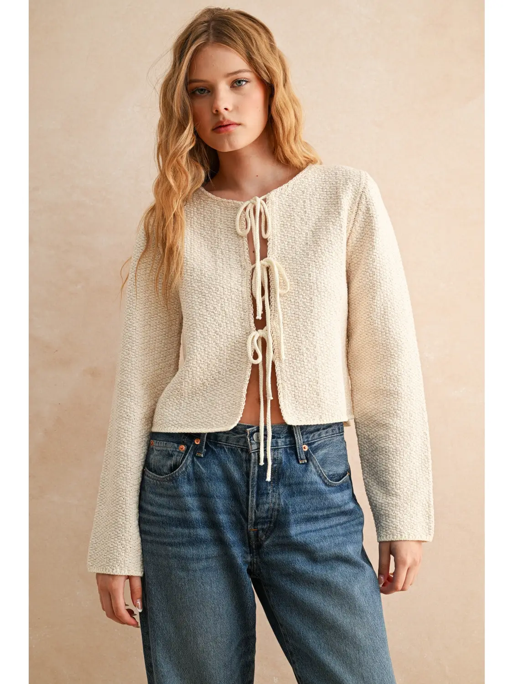 Two Tone Tie Front Long Sleeve Cardigan - CREAM