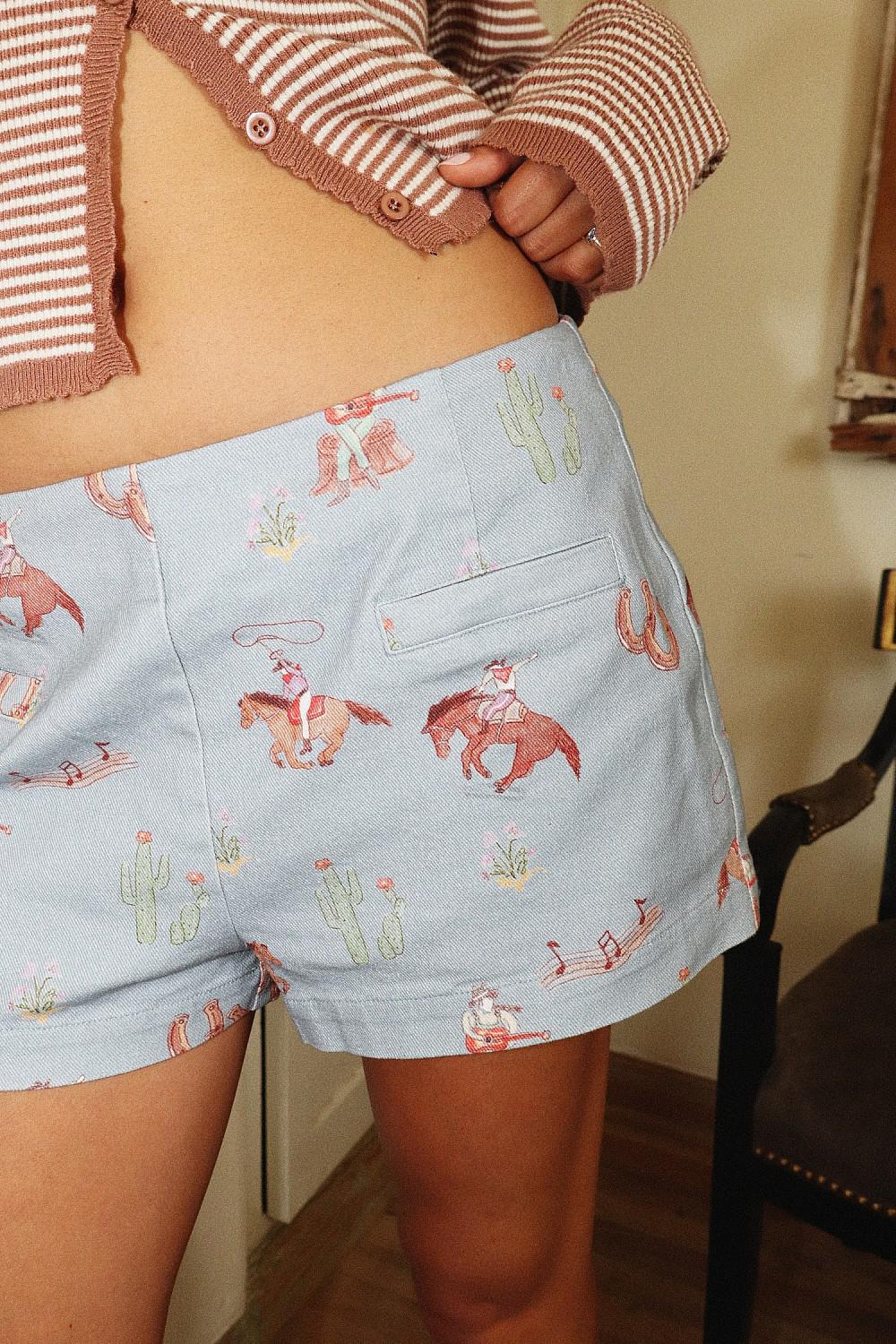 COWGIRL PRINT MINI SHORTS - SOFT BLUE