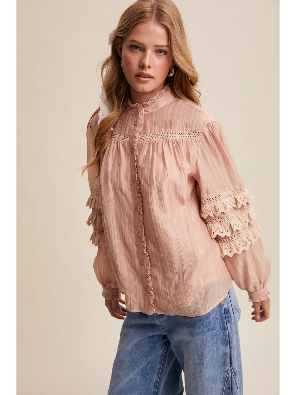 Lace Ruffle Sleeve Pintuck Blouse - BLUSH