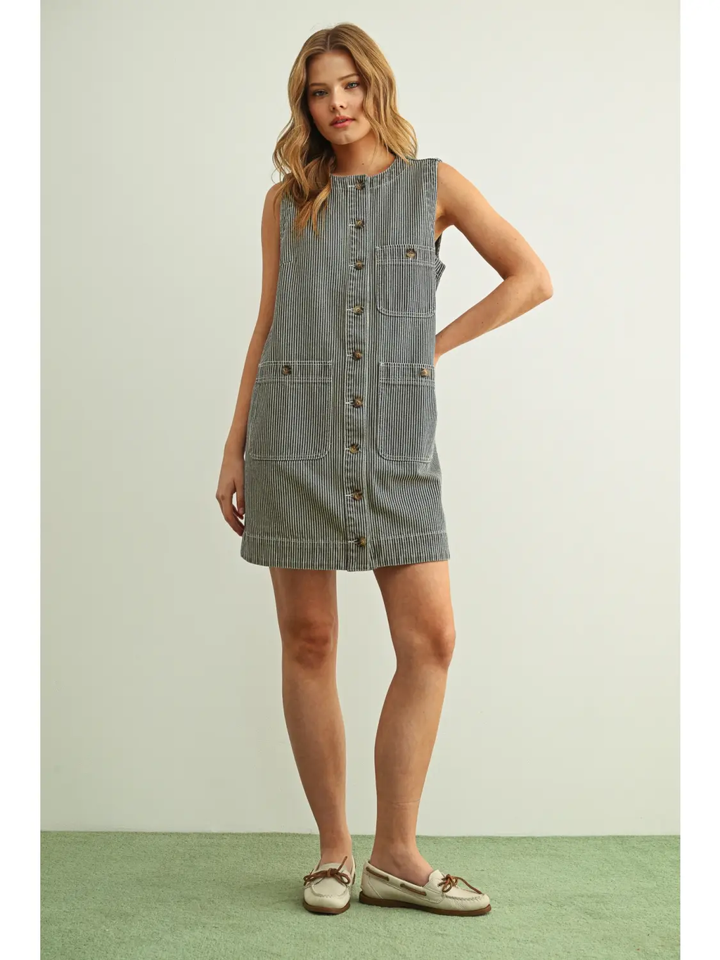 Striped Fabric Button Front Denim Dress