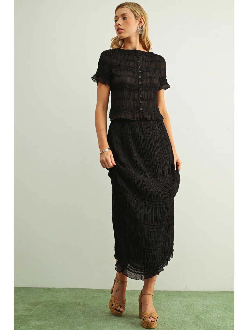 Chiffon Short Sleeve Button Front Top - BLACK