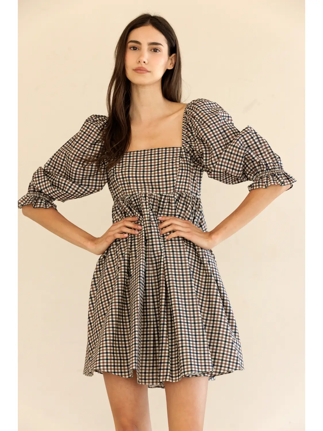 GINGHAM Puff Sleeve Mini Dress - Brown/Navy