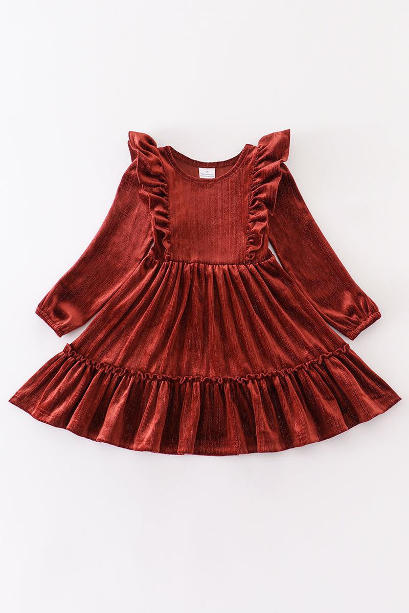 BURGUNDY VELVET RUFFLE GIRL DRESS