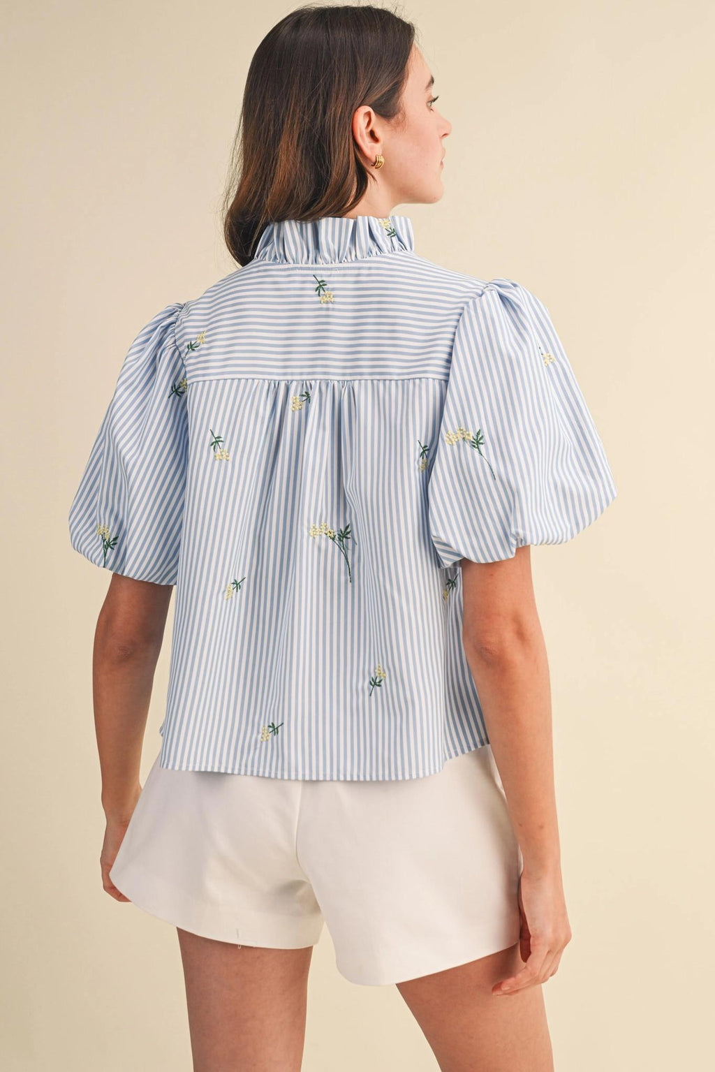 Floral Embroidery Striped Ruffled Button Down Top - Sky Blue Stripe