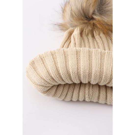 BEIGE KNIT POM POM BEANIE