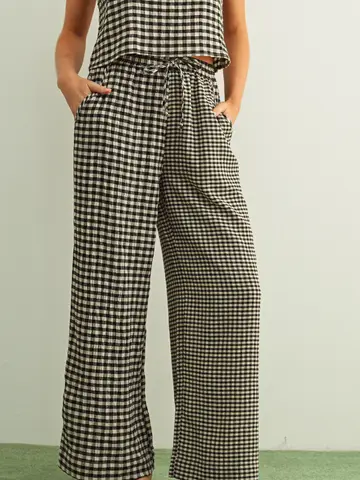 Mixed Gingham Straight Pants - Black/Cream