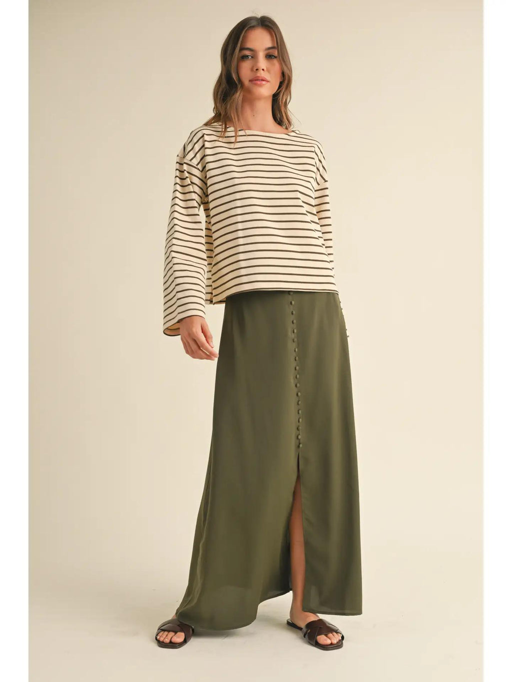 BUTTON DETAIL SATIN SKIRT - OLIVE