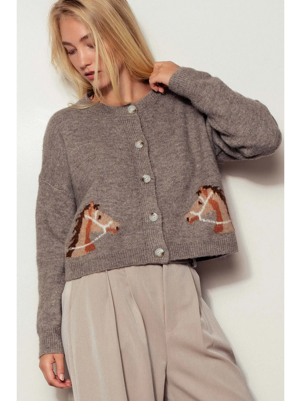 Western Horse Graphic Ribbed Trim Crew Neck Cardigan - MOCHA