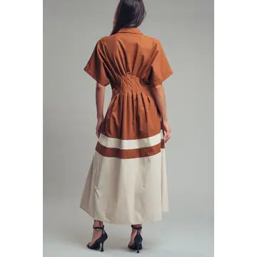 Colorblock Button-Up Cotton Midi Dress - BROWN