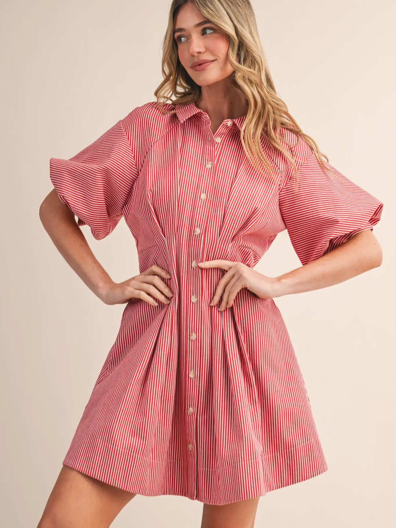 Striped Pleated Waist Button Down Mini Dress - RED STRIPE