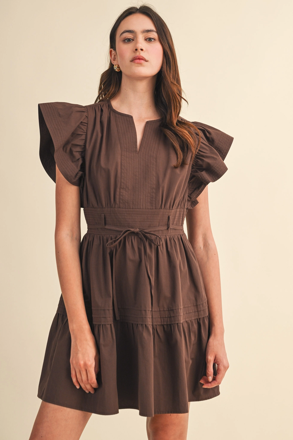 Embroidered Seam Pin Tuck Detail Mini Dress - COCOA BROWN