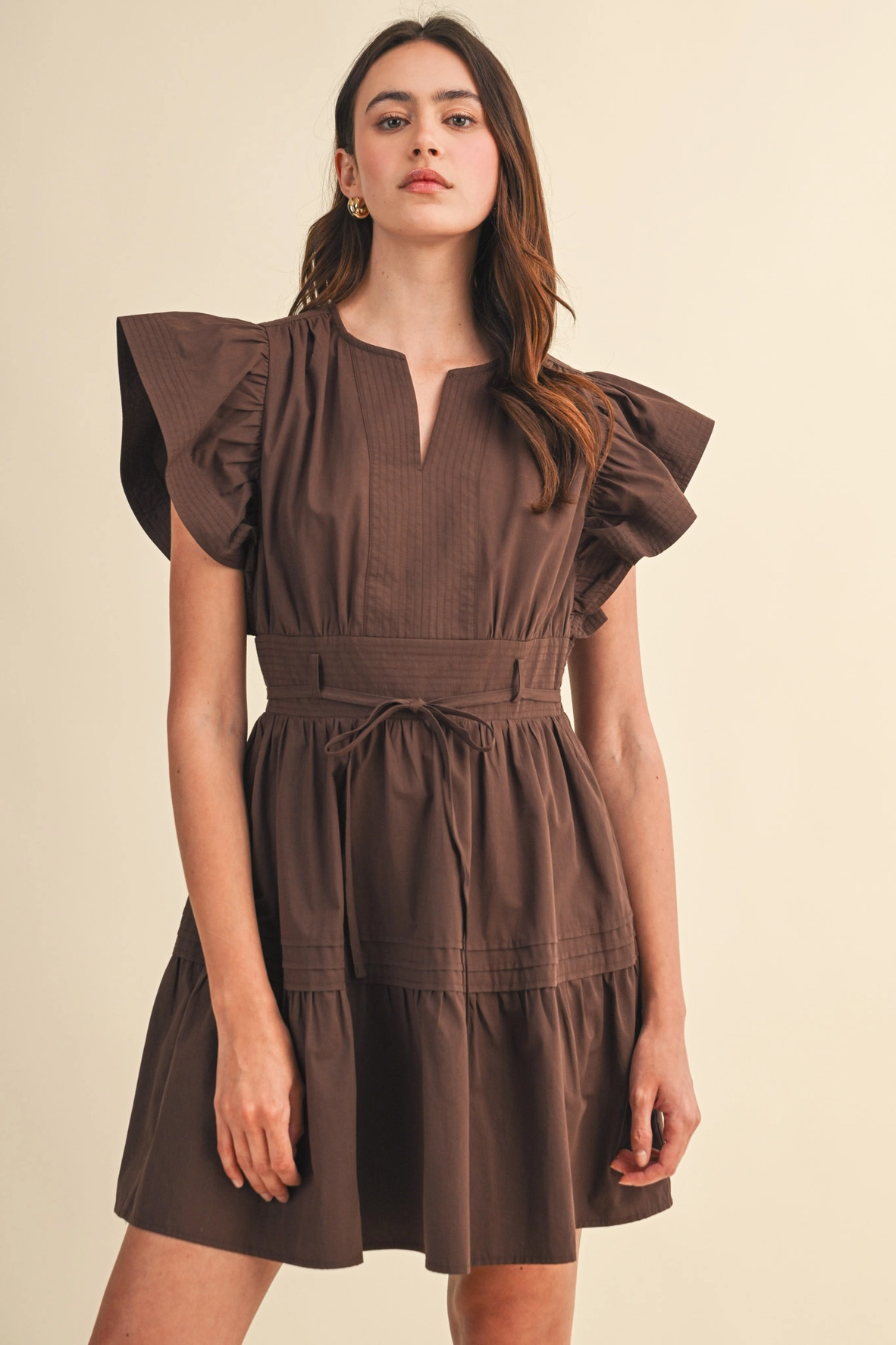 Embroidered Seam Pin Tuck Detail Mini Dress - COCOA BROWN