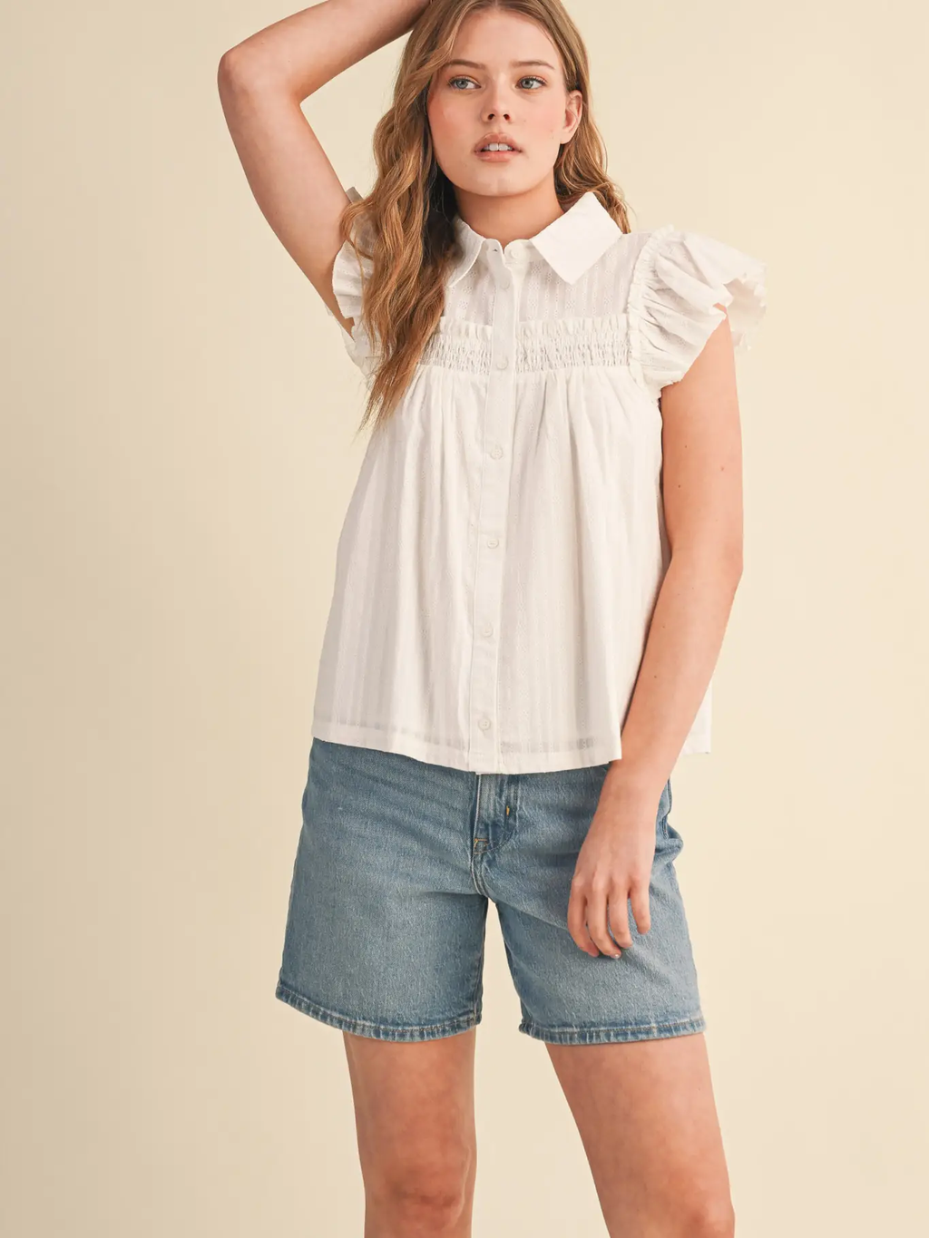 Ruffle Trim Button Down Top - WHITE