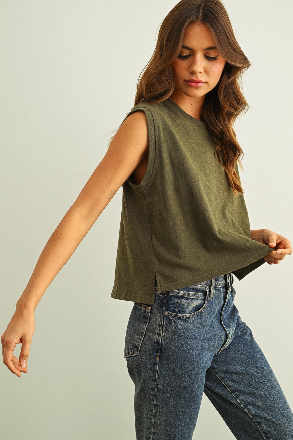 Round Neck Slub Top - Olive