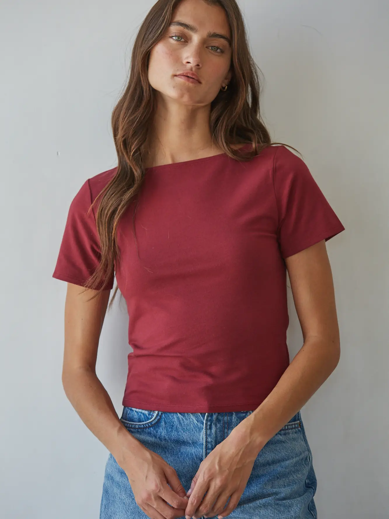 Knit Cotton Spandex Boat Neck Short Sleeve Top