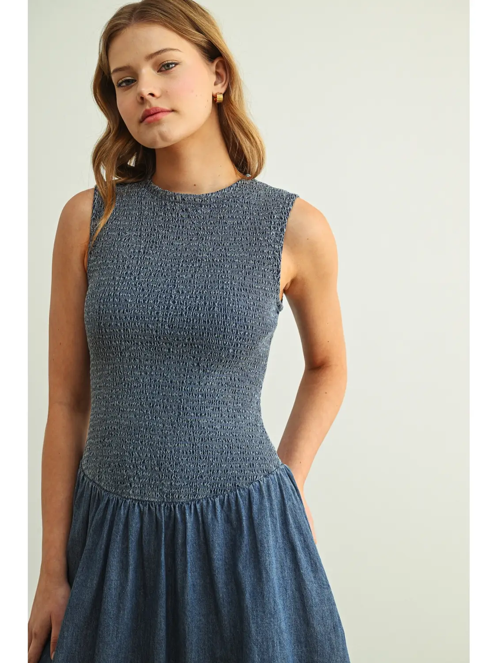 Smocked Top Sleeveless Denim Long Dress