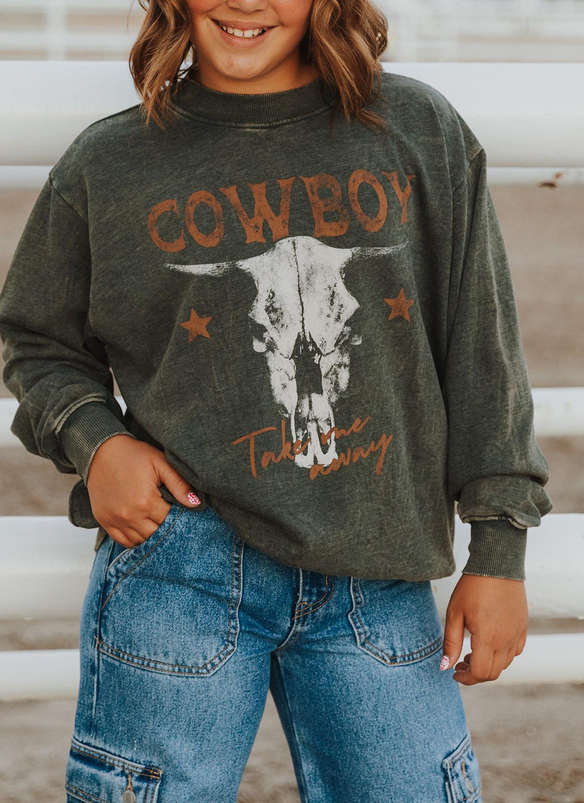 COWBOY TAKE ME AWAY LONG SLEEVE SWEATSHIRT - MINERAL OLIVE