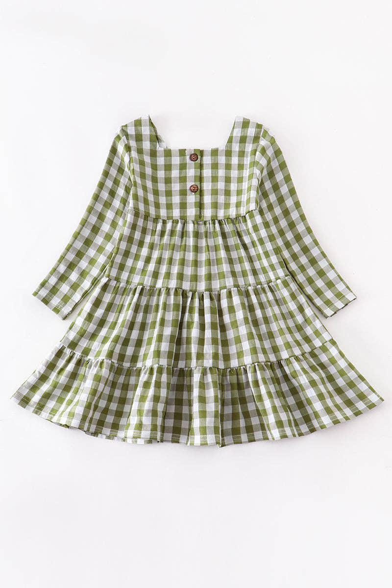 GIRLS GREEN CHECK TIERED DRESS