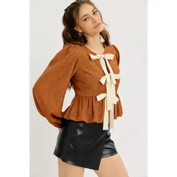 CARAMEL Textured Bubble Hem Blouse Top with Bow Front Top