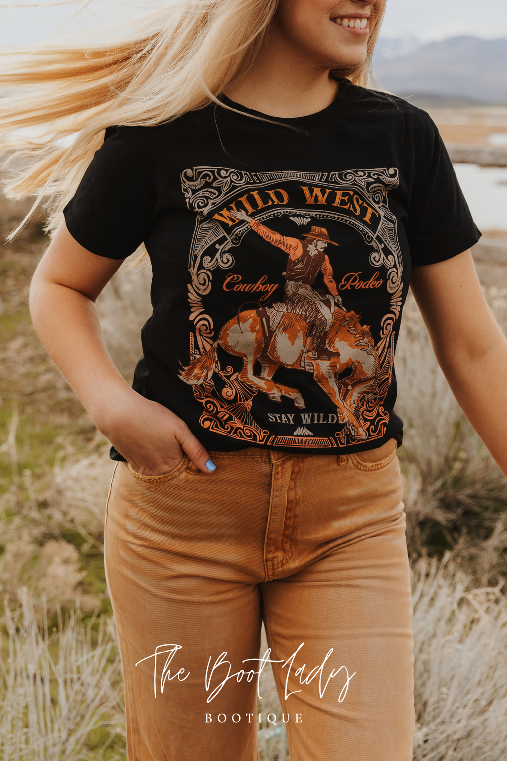 WILD WEST COWBOY RODEO SHORT SLEEVE GRAPHIC TEE - BLACK