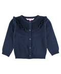 Girls Dark Navy Sweater Knit Ruffle Trim Cardigan - Navy Blue