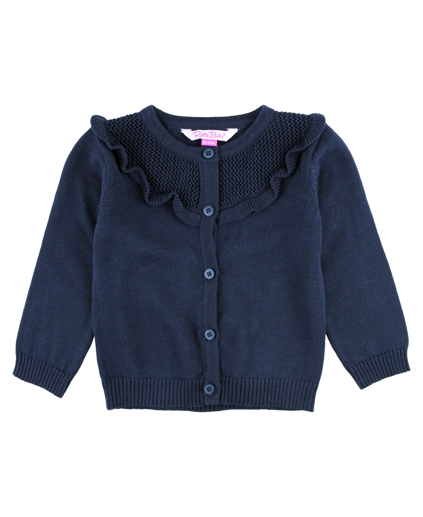 Girls Dark Navy Sweater Knit Ruffle Trim Cardigan - Navy Blue