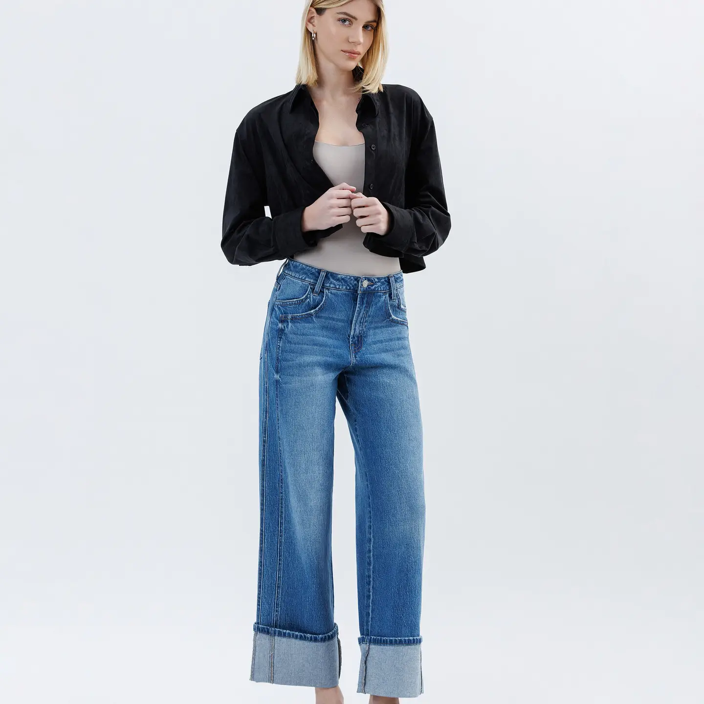 Super High Rise Cuffed Baggy Wide Jeans - Dark Denim 6515
