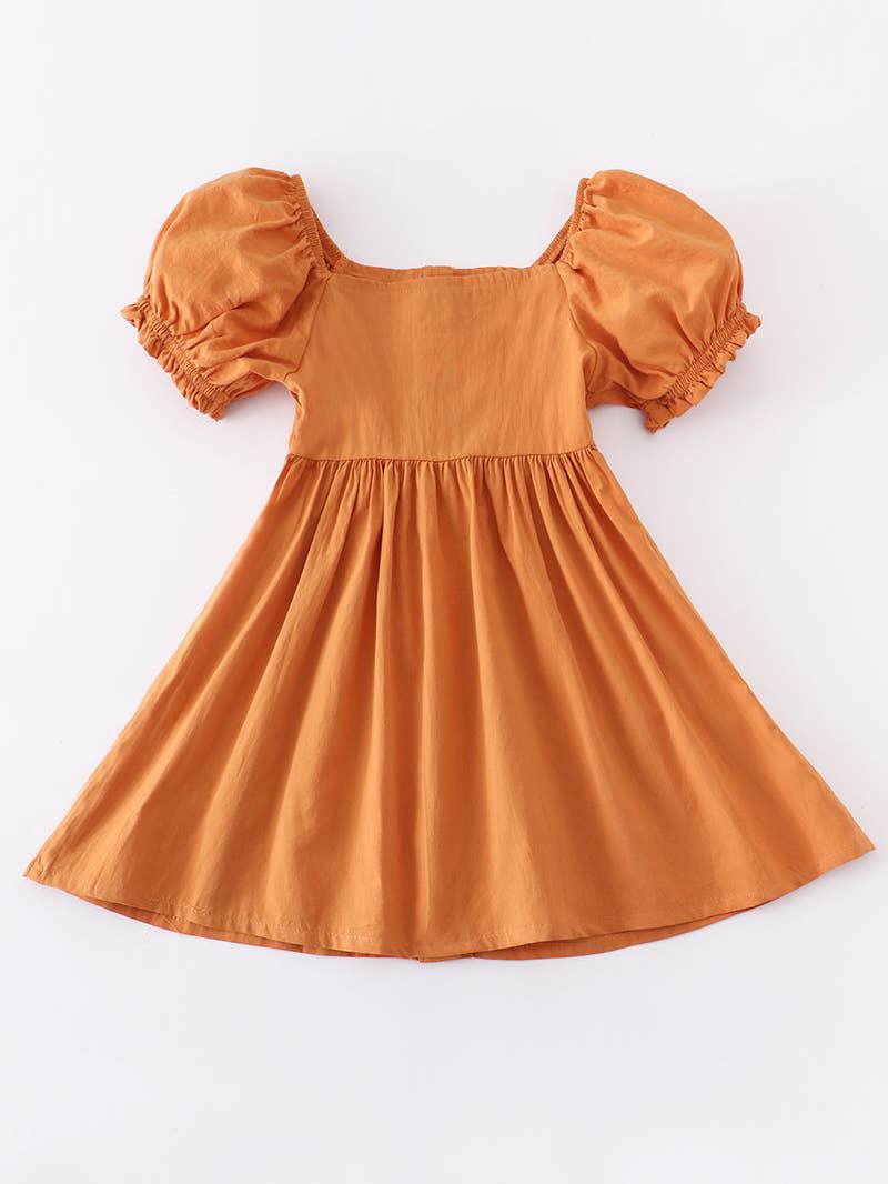 MUSTARD BUTTON PUFF SLEEVE GIRL DRESS