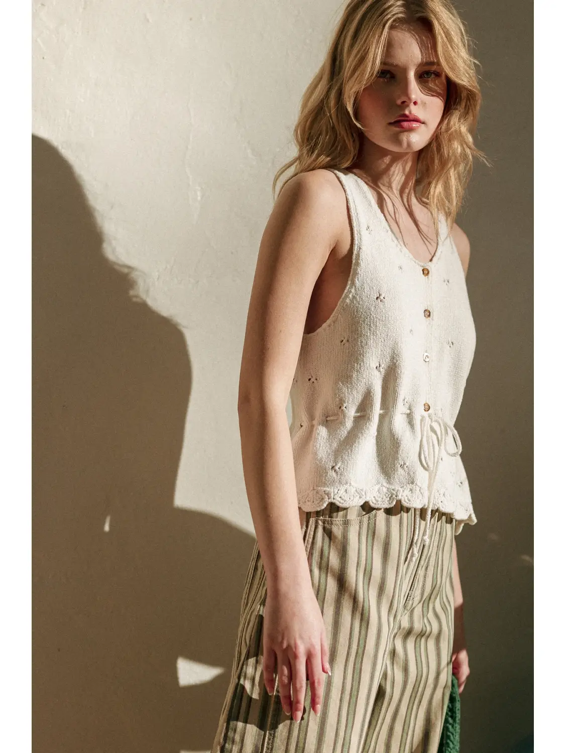 Sleeveless Button Front Scallope Hem Knit Top