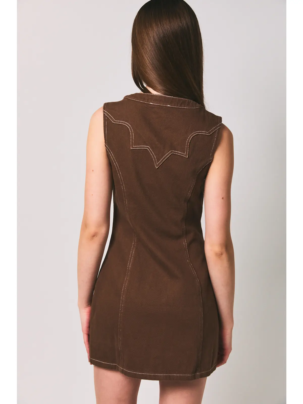 Stitch Detail Sleeveless Button Down Dress - BROWN