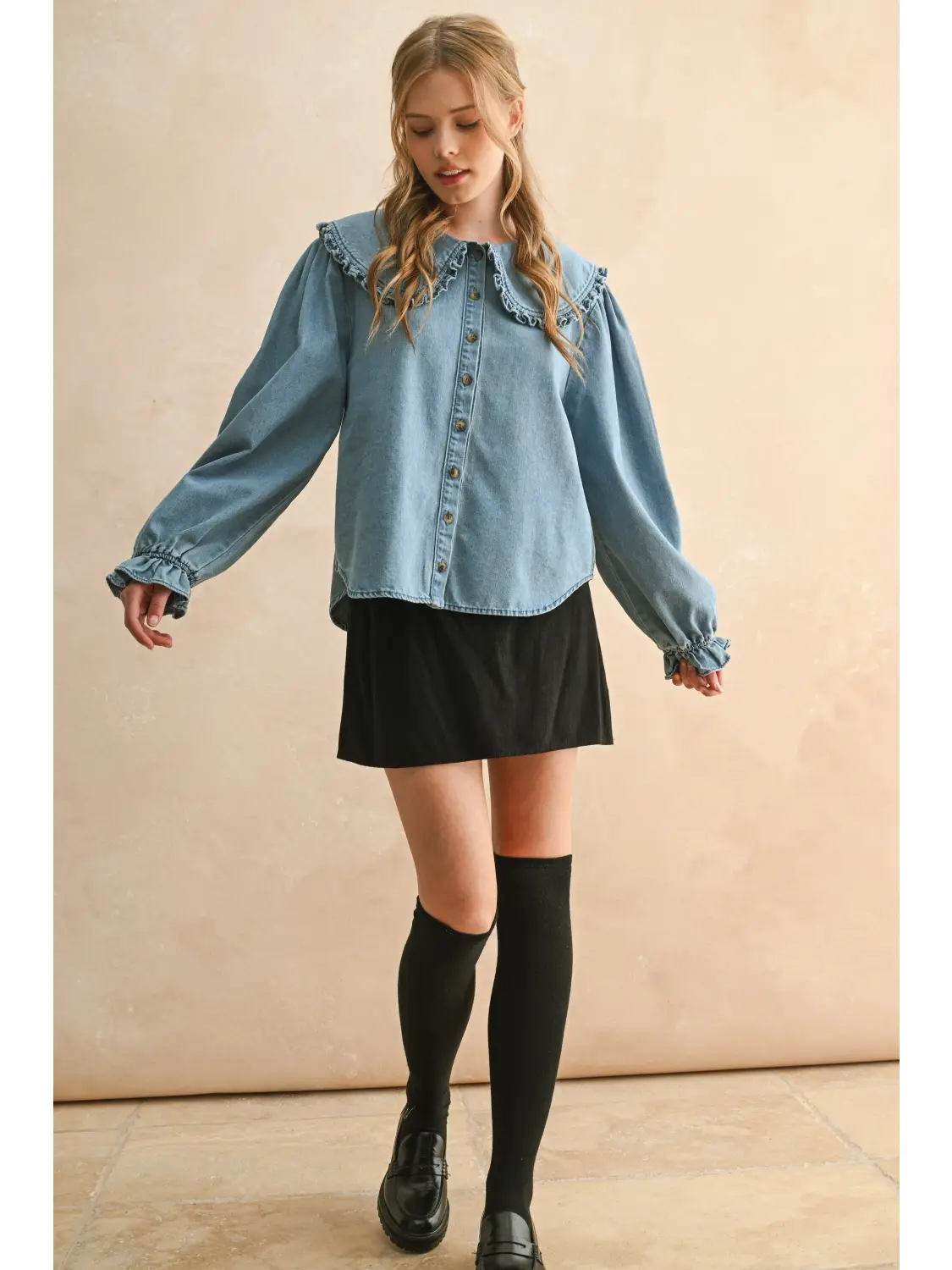 Ruffled Trim Collar Denim Shirt