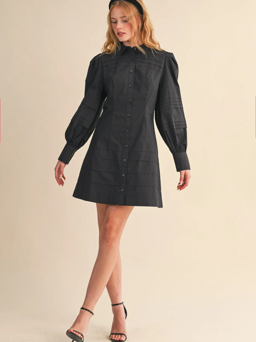 Pin Tuck Detail Button Down Mini Dress - BLACK