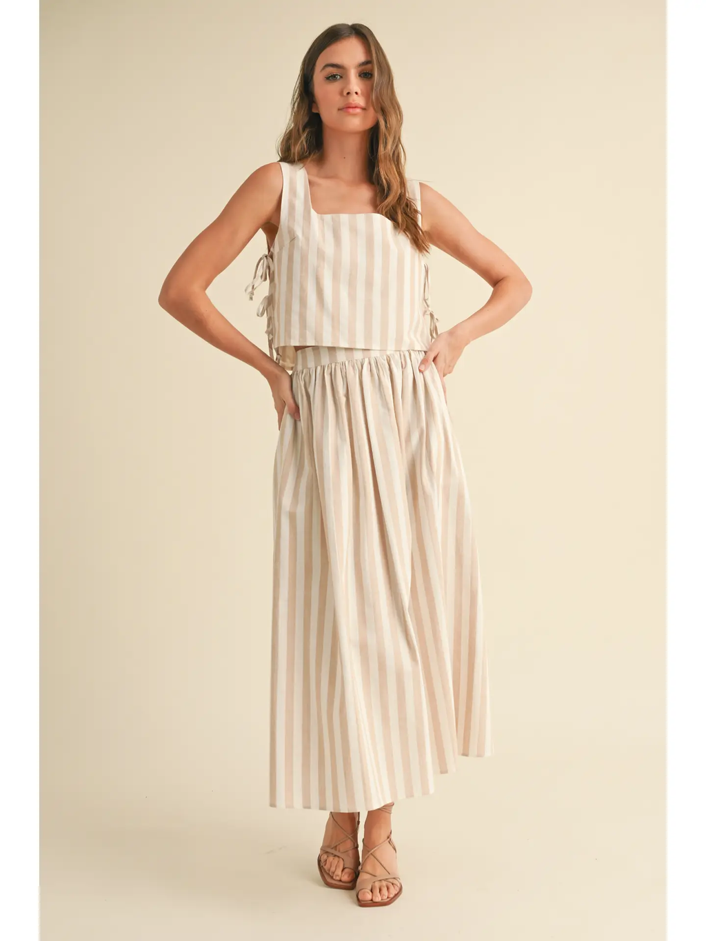 Stripe Pattern Tie On the Side Top - Beige